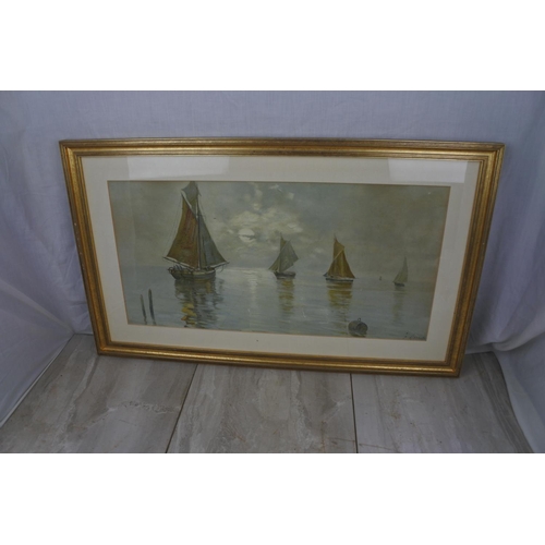 120 - A stunning gilt framed print of sailing ships, signed by artist, approx 71x42cm.