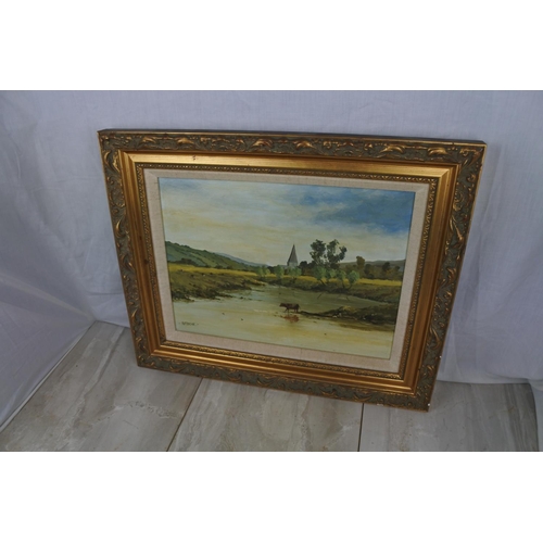 124 - A stunning gilt framed oil painting 'At the water's edge' signed R F Edgar. Approx 54x44cm.