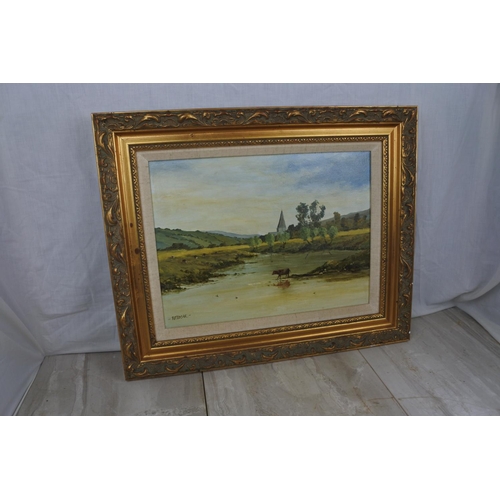 124 - A stunning gilt framed oil painting 'At the water's edge' signed R F Edgar. Approx 54x44cm.