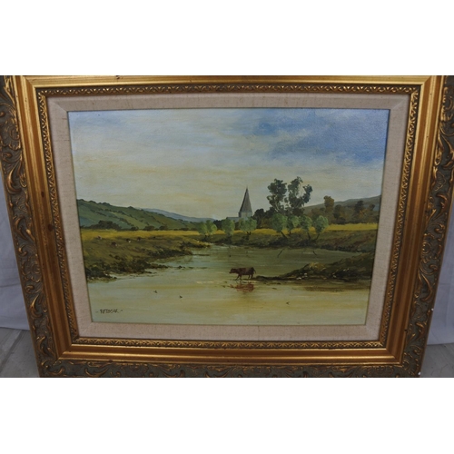 124 - A stunning gilt framed oil painting 'At the water's edge' signed R F Edgar. Approx 54x44cm.