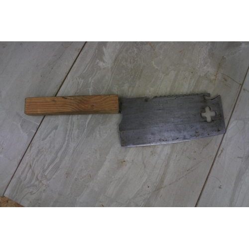 125 - A wooden handled meat cleaver with cut out detail.