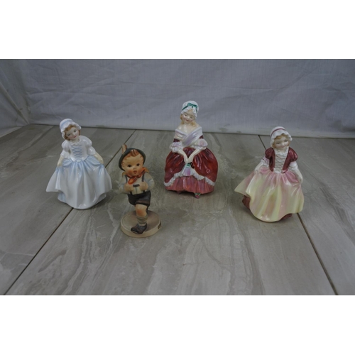 148 - Three small Royal Doulton figures 'Peggy', 'Dinky Do' and another 'Dinky Do' and a Hummel figure 'Sc... 