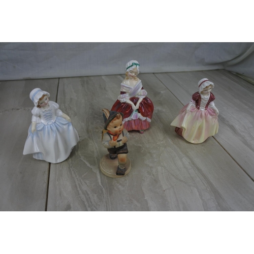 148 - Three small Royal Doulton figures 'Peggy', 'Dinky Do' and another 'Dinky Do' and a Hummel figure 'Sc... 