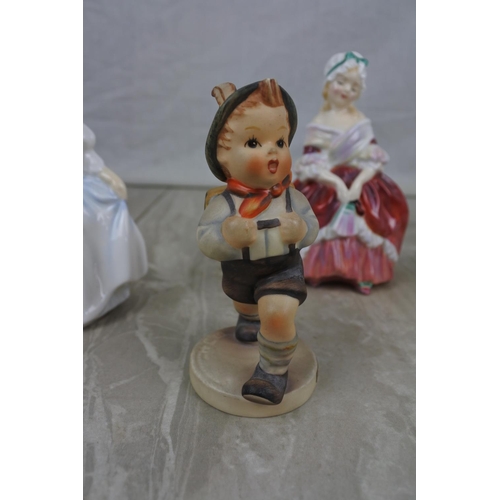 148 - Three small Royal Doulton figures 'Peggy', 'Dinky Do' and another 'Dinky Do' and a Hummel figure 'Sc... 