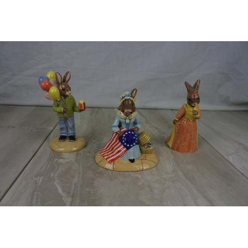 161 - Three Royal Doulton Bunnykin ornaments Betsy Ross (a/f), Juliet Bunnykins and Congratulations Bunnyk... 