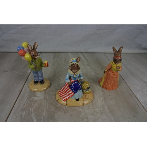 161 - Three Royal Doulton Bunnykin ornaments Betsy Ross (a/f), Juliet Bunnykins and Congratulations Bunnyk... 