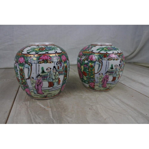 163 - A pair of Oriental hand painted ginger jars, Approx 13cm in height.