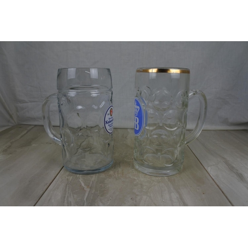 165 - Two large vintage glass beer tankards, Approx 20cm in height.