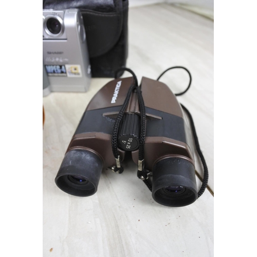 168 - A pair of cased Praktica Sport binoculars, a cased Sharp VNEZ1 camera and more.