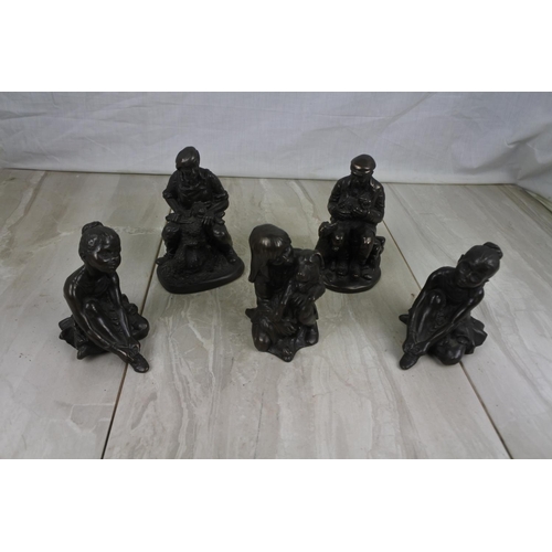 186 - A set of five bronze finish ornamental figures.