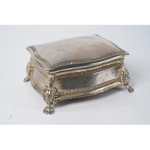 236 - A vintage white metal trinket box with contents, to include a whistle, costume jewellery and more, B... 