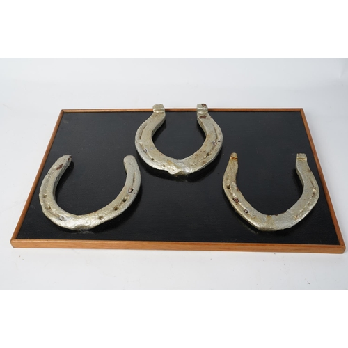 359 - Three mounted horseshoes.