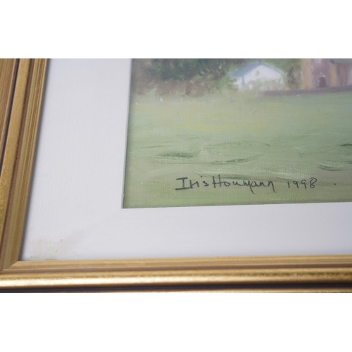 369 - A gilt framed painting of a church signed by the artist Iris Houmann 1998.