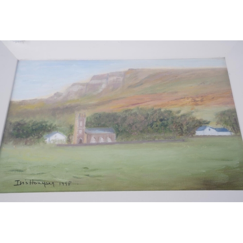 369 - A gilt framed painting of a church signed by the artist Iris Houmann 1998.