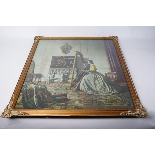 371 - An antique framed print 'Lady with a Harp'.