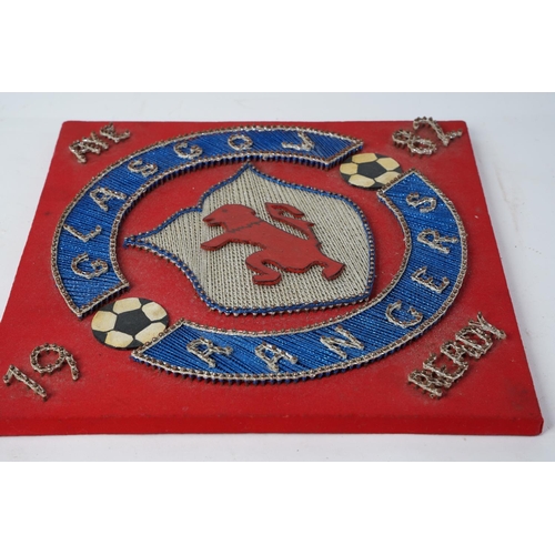 386 - A vintage handcrafted wooden and textile plaque for Glasgow Rangers, measuring 31cm x 32cm.