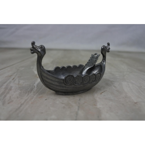 441 - Vintage Salt pot and spoon by Handcaster, TPB, Tinn Pewter in the style of a  Viking Ship.