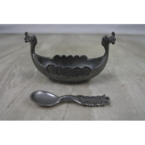 441 - Vintage Salt pot and spoon by Handcaster, TPB, Tinn Pewter in the style of a  Viking Ship.