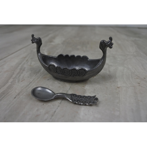 441 - Vintage Salt pot and spoon by Handcaster, TPB, Tinn Pewter in the style of a  Viking Ship.