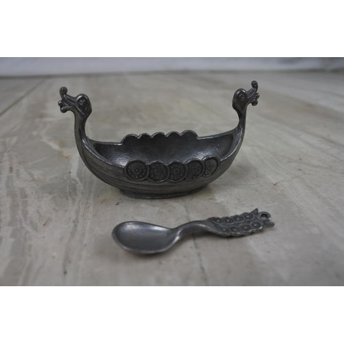 441 - Vintage Salt pot and spoon by Handcaster, TPB, Tinn Pewter in the style of a  Viking Ship.