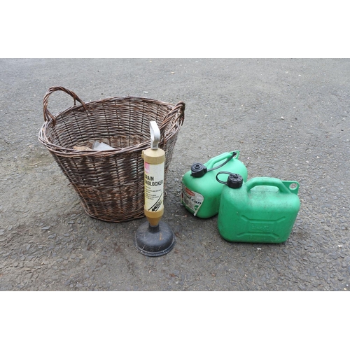 759 - A log basket, two plastic petrol cans and a drain unblocker.