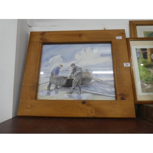 74 - A large pine framed picture of fishermen, measuring 70x60cm.