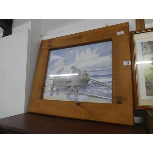 74 - A large pine framed picture of fishermen, measuring 70x60cm.