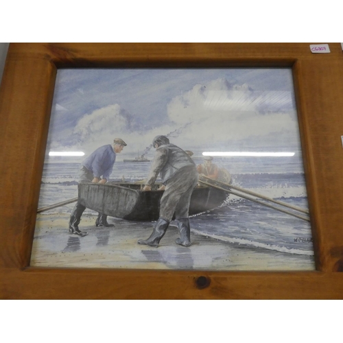 74 - A large pine framed picture of fishermen, measuring 70x60cm.