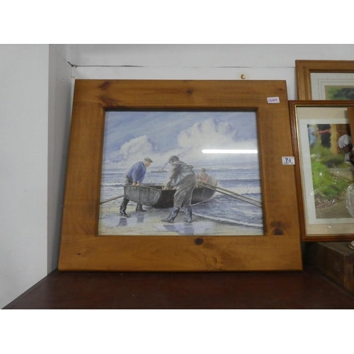 74 - A large pine framed picture of fishermen, measuring 70x60cm.