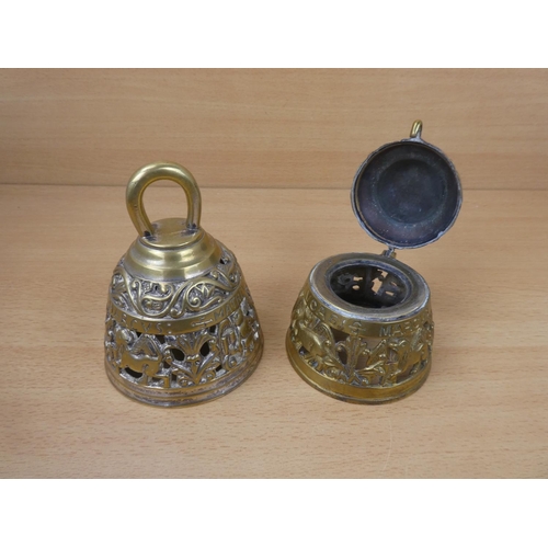 86 - A vintage brass Sanctuary bell and clanger and another in the style of an inkwell (missing liner).