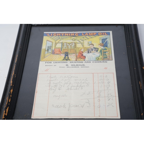 334 - An original framed receipt from M Gilmour Grocer, Ballinameen, Garvagh.