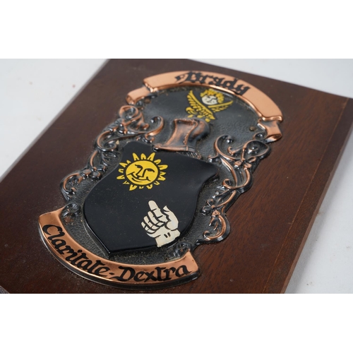 354 - A vintage shield plaque 'Brady - Claritate Dextra'.