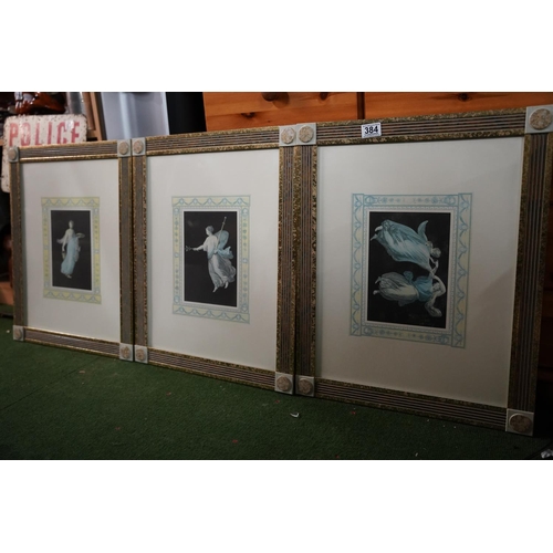 384 - A set of three framed prints, measuring 47cm x 58cm.