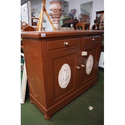 532 - An antique painted sideboard with slatted back panel, measuring 122cm x 100cm x 47cm.