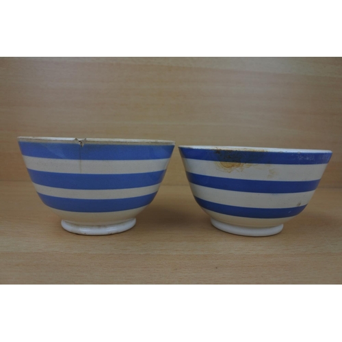 1130 - Two vintage blue and white striped bowls.