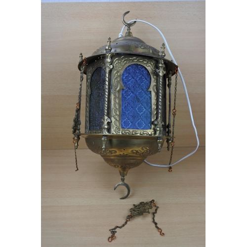 1144 - A large vintage brass Moroccan Lantern with coloured glass panels.