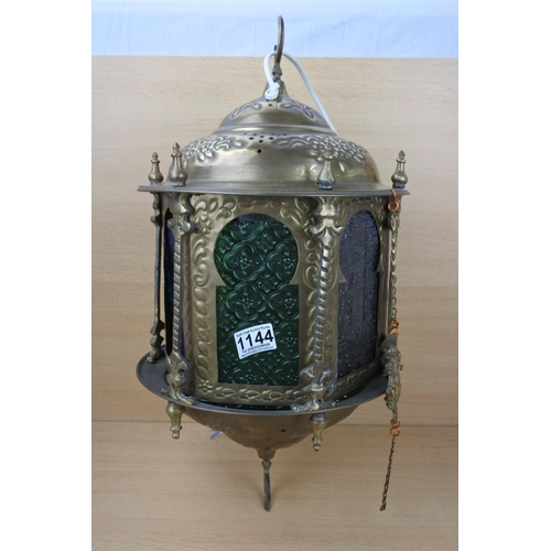 1144 - A large vintage brass Moroccan Lantern with coloured glass panels.