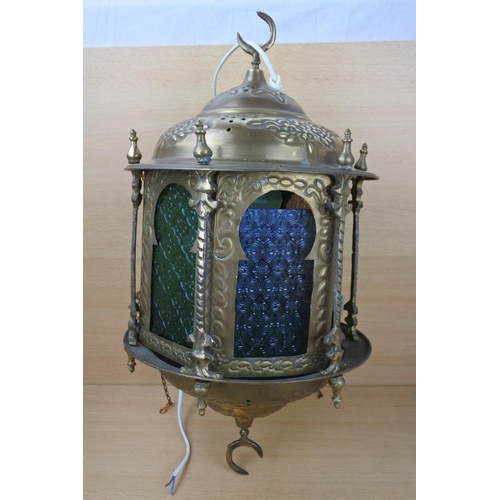 1144 - A large vintage brass Moroccan Lantern with coloured glass panels.