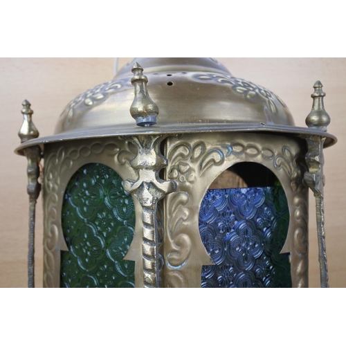 1144 - A large vintage brass Moroccan Lantern with coloured glass panels.