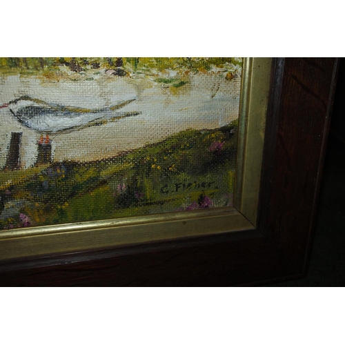 1148 - A large framed oil on board signed C Fisher, Approx 85x70cm.