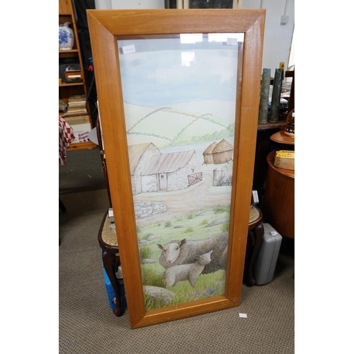 93 - A large pine frame watercolour of sheep signed Louie Winward, measuring 58x136cm.