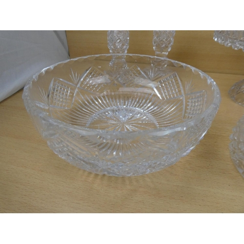 326 - A stunning vintage glass ridged cake plate, a pair of glass candlesticks and lots more.