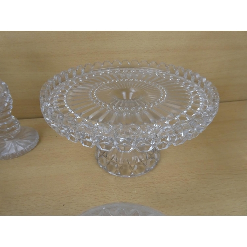 326 - A stunning vintage glass ridged cake plate, a pair of glass candlesticks and lots more.