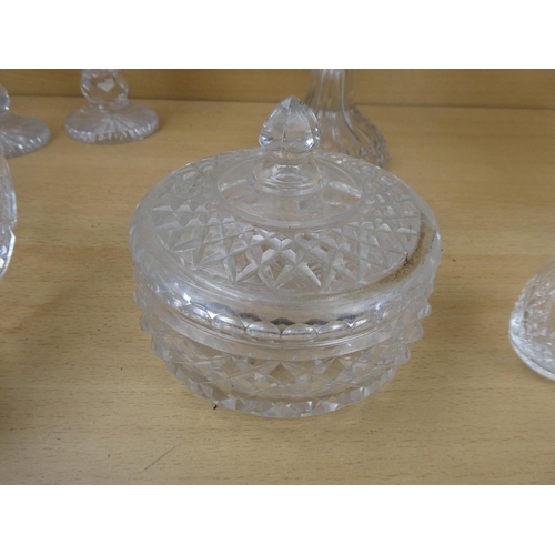 326 - A stunning vintage glass ridged cake plate, a pair of glass candlesticks and lots more.