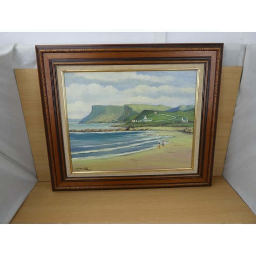 404 - A framed oil painting 'Fairhead' by Irish artist J J O'Neill, measuring 70x59cm.