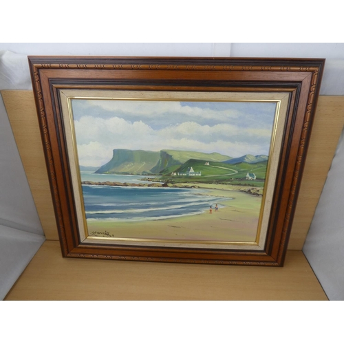 404 - A framed oil painting 'Fairhead' by Irish artist J J O'Neill, measuring 70x59cm.