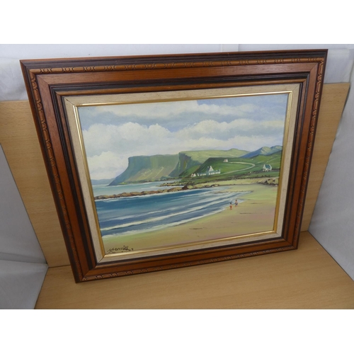 404 - A framed oil painting 'Fairhead' by Irish artist J J O'Neill, measuring 70x59cm.