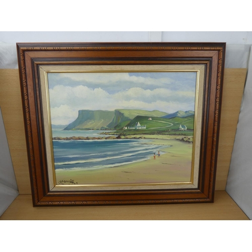 404 - A framed oil painting 'Fairhead' by Irish artist J J O'Neill, measuring 70x59cm.