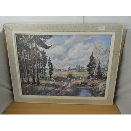 447 - A large vintage framed oil painting on board 'Forest Walk' signed.