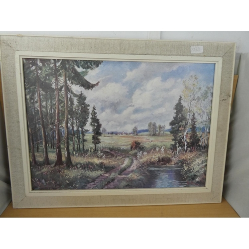 447 - A large vintage framed oil painting on board 'Forest Walk' signed.